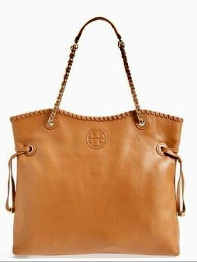 Tory Burch Camel Marion Pebbled Leather Tote with Gold Chain